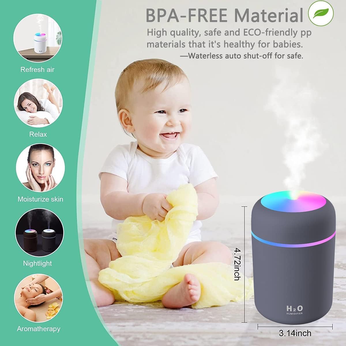 300ml Essential Oil Diffuser &amp; Humidifier – Ultrasonic Cool Mist with Quiet Operation, LED Lights – Aromatherapy Air Freshener for Home, Office, Car(Colours May Vary)