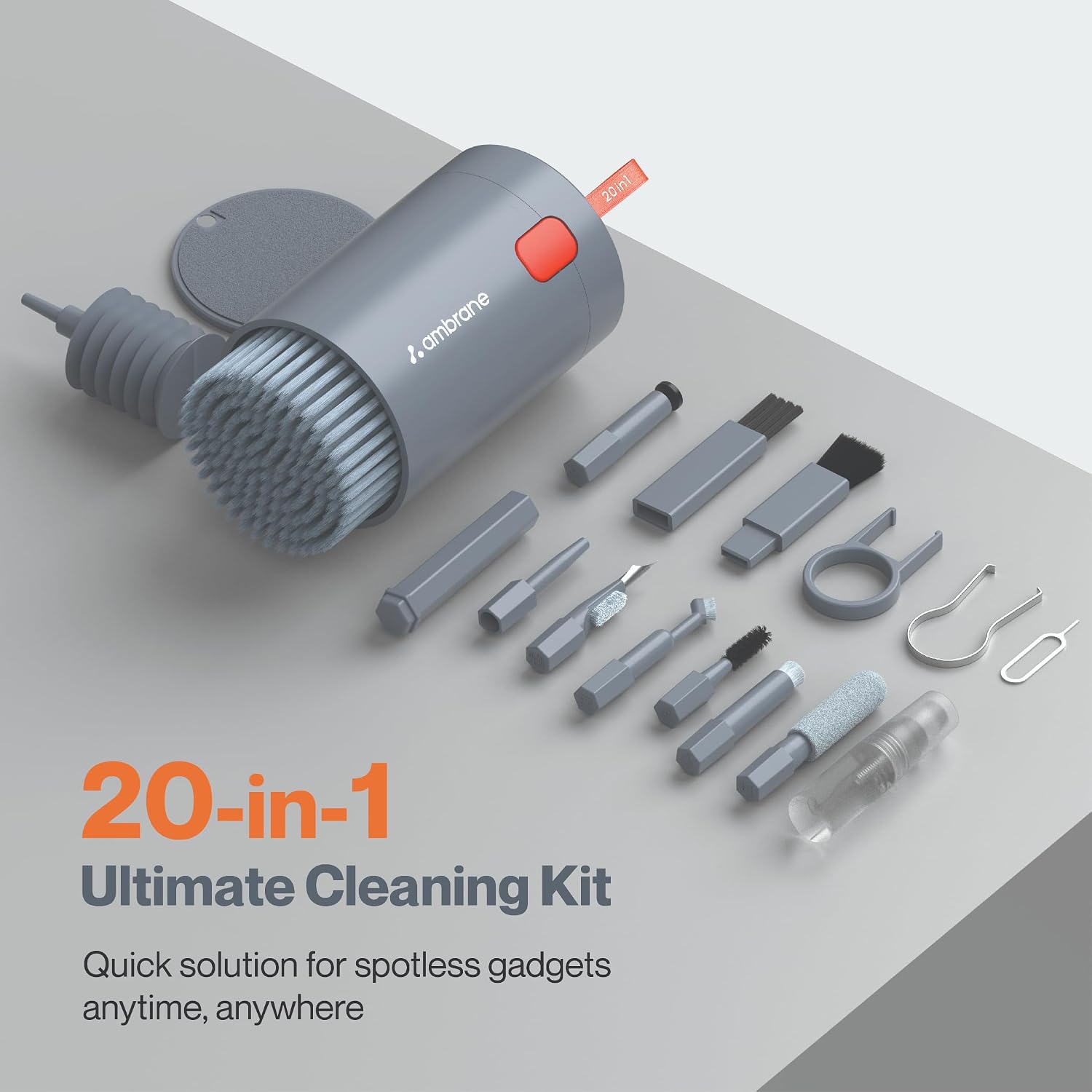 Ambrane 20-in-1 Cleaning Kit for Smartphones, Tablet, PC Computer, Laptops, Keyboards, DSLR Camera Lens, Earphones, Airpods with Screen Dust Brush, Key Puller &amp; Spray Bottle (ACK-01, Grey)