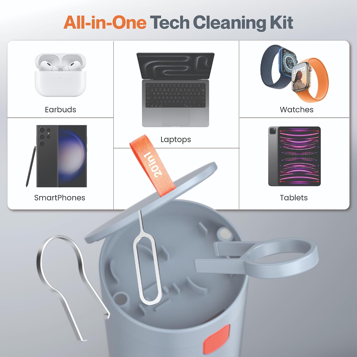 Ambrane 20-in-1 Cleaning Kit for Smartphones, Tablet, PC Computer, Laptops, Keyboards, DSLR Camera Lens, Earphones, Airpods with Screen Dust Brush, Key Puller &amp; Spray Bottle (ACK-01, Grey)
