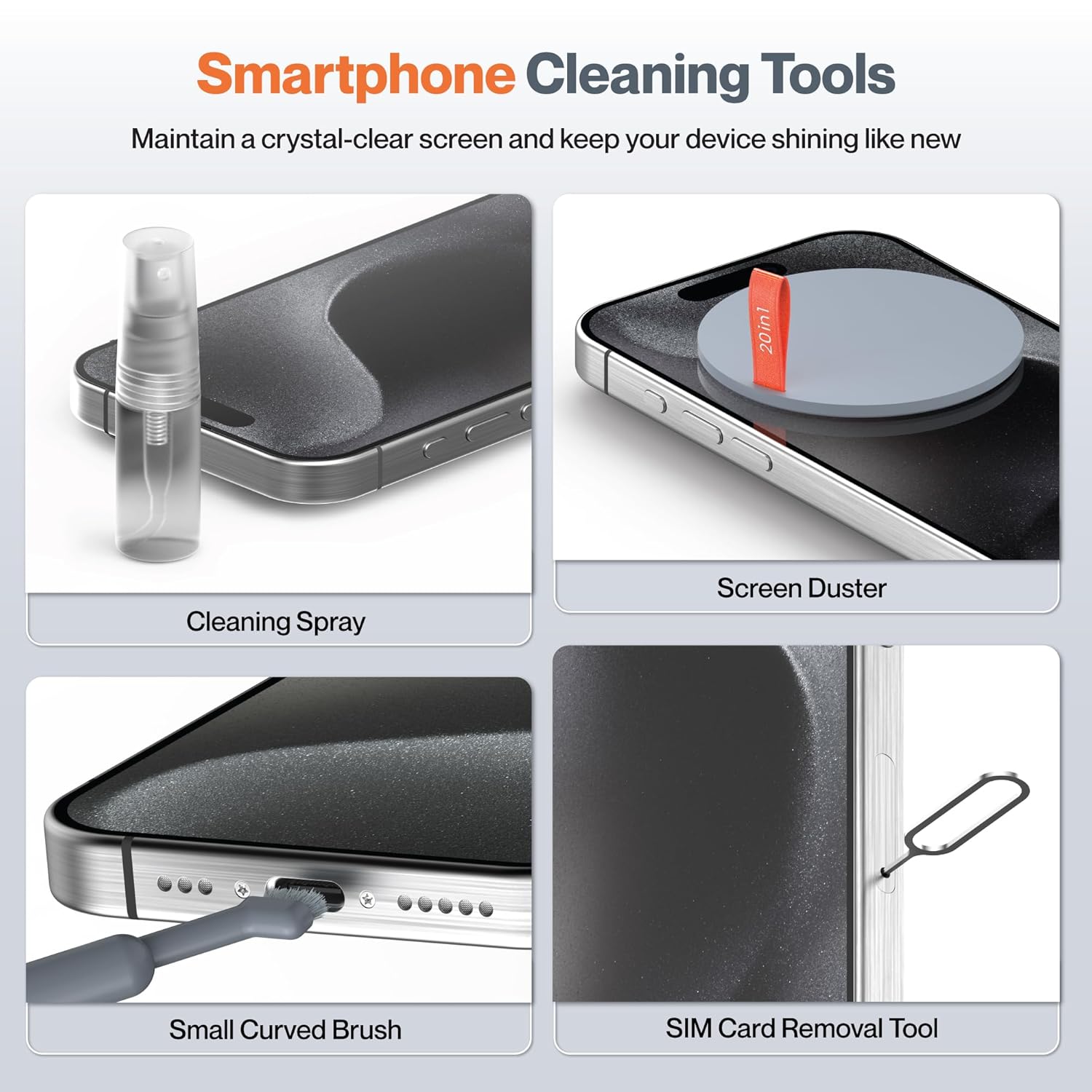 Ambrane 20-in-1 Cleaning Kit for Smartphones, Tablet, PC Computer, Laptops, Keyboards, DSLR Camera Lens, Earphones, Airpods with Screen Dust Brush, Key Puller &amp; Spray Bottle (ACK-01, Grey)